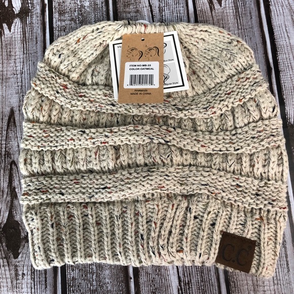 C.C Oatmeal Messy-bun, confetti print beanie New - Picture 2 of 4